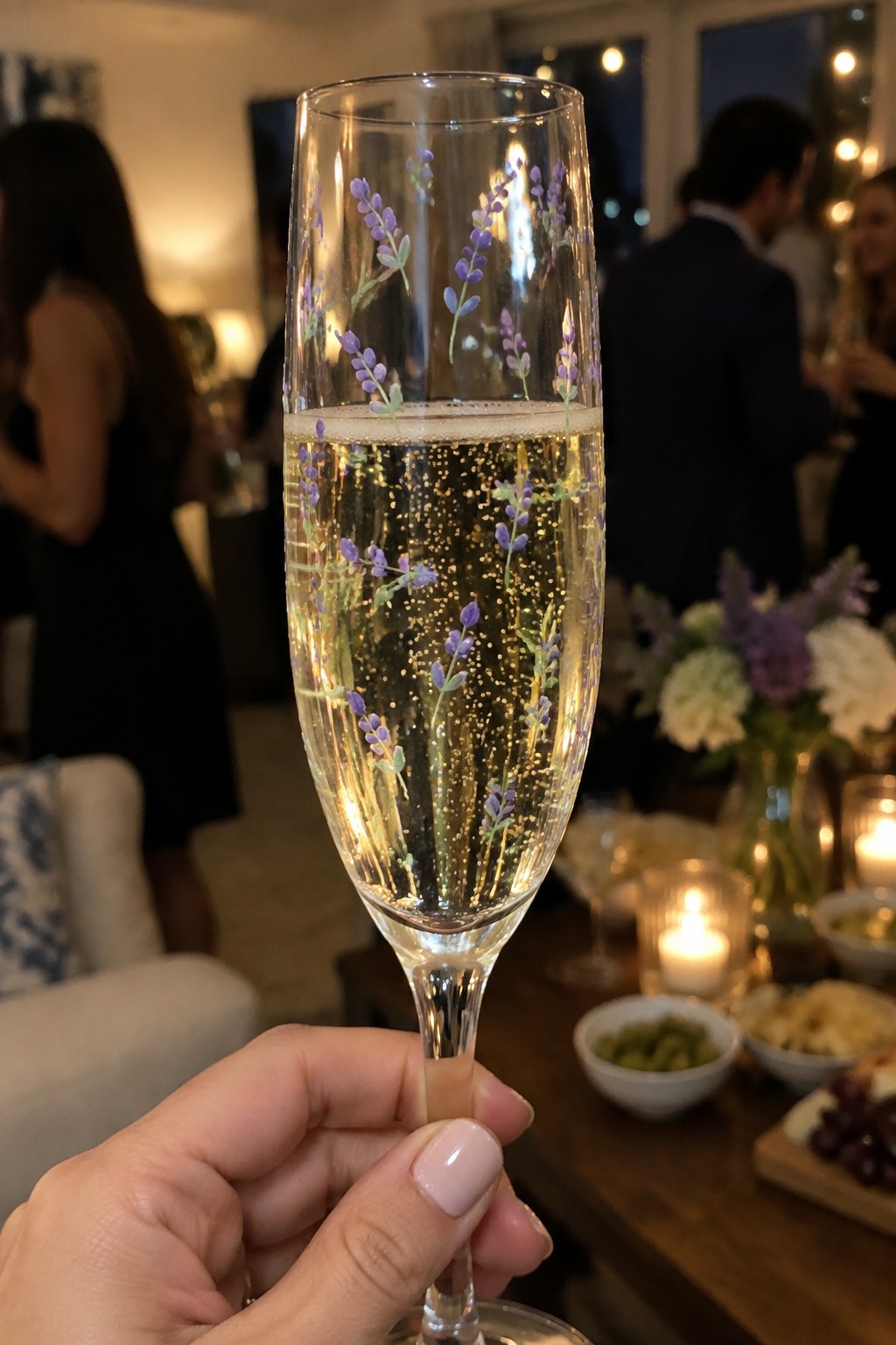 Hand holding lavender-etched champagne flute of sparkling wine at elegant party.