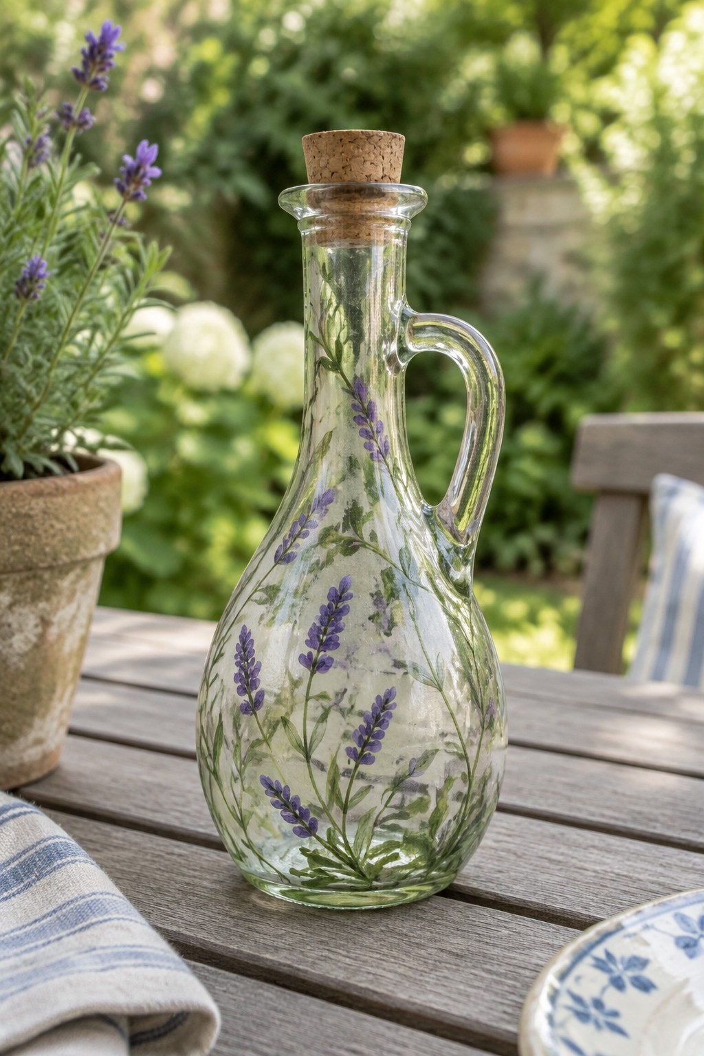 Glass jug with cork and lavender painting on wooden garden table
