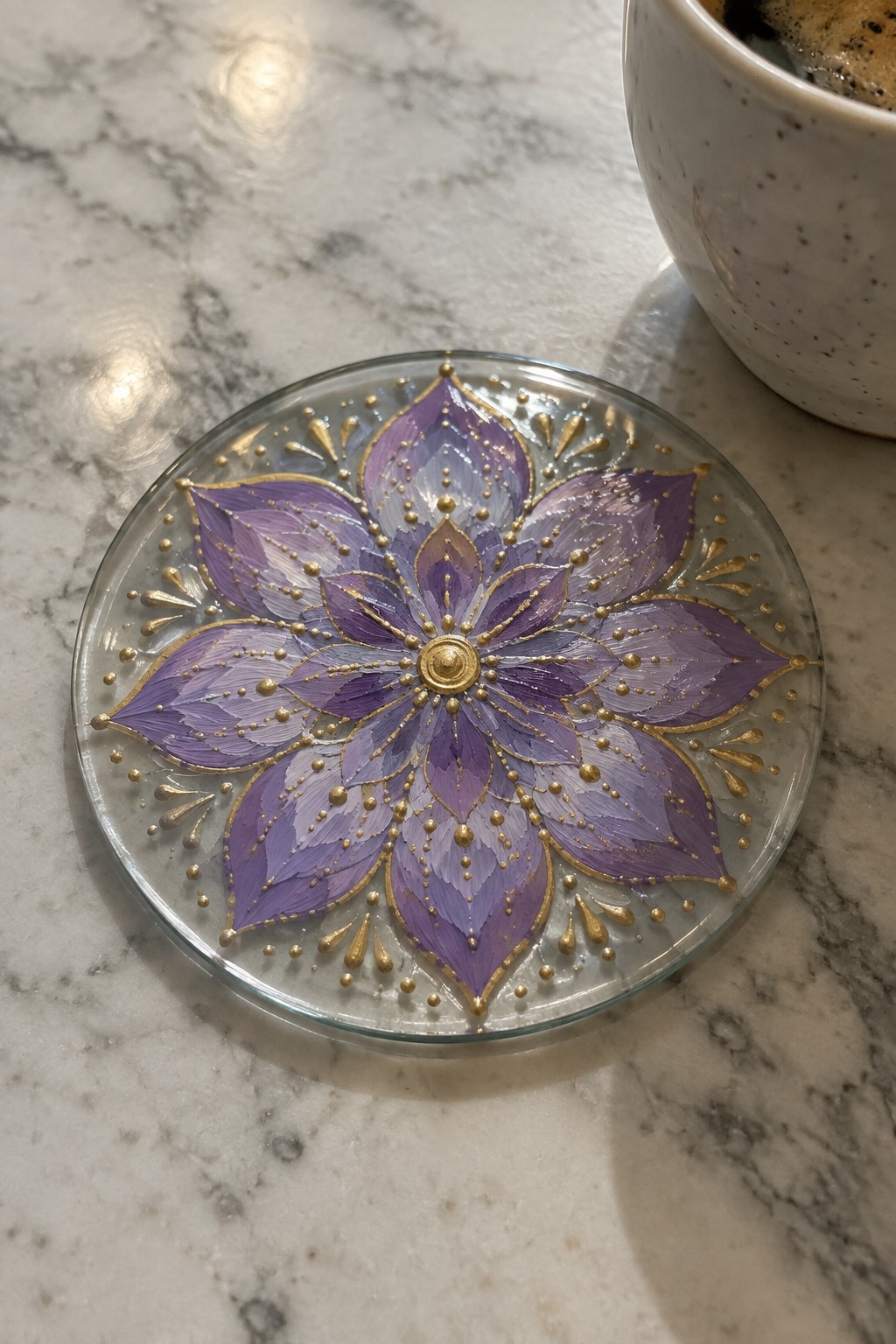 Purple and gold floral mandala on round glass coaster atop white marble