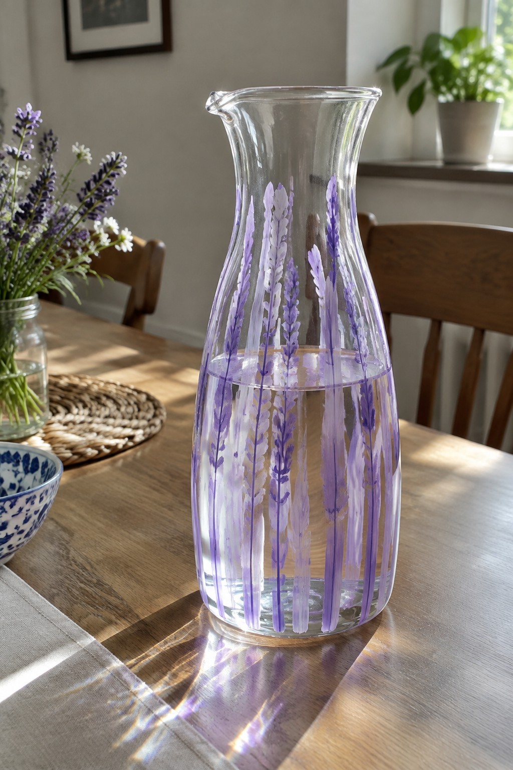 Glass pitcher with lavender designs, half-filled with water, on sunlit wooden table