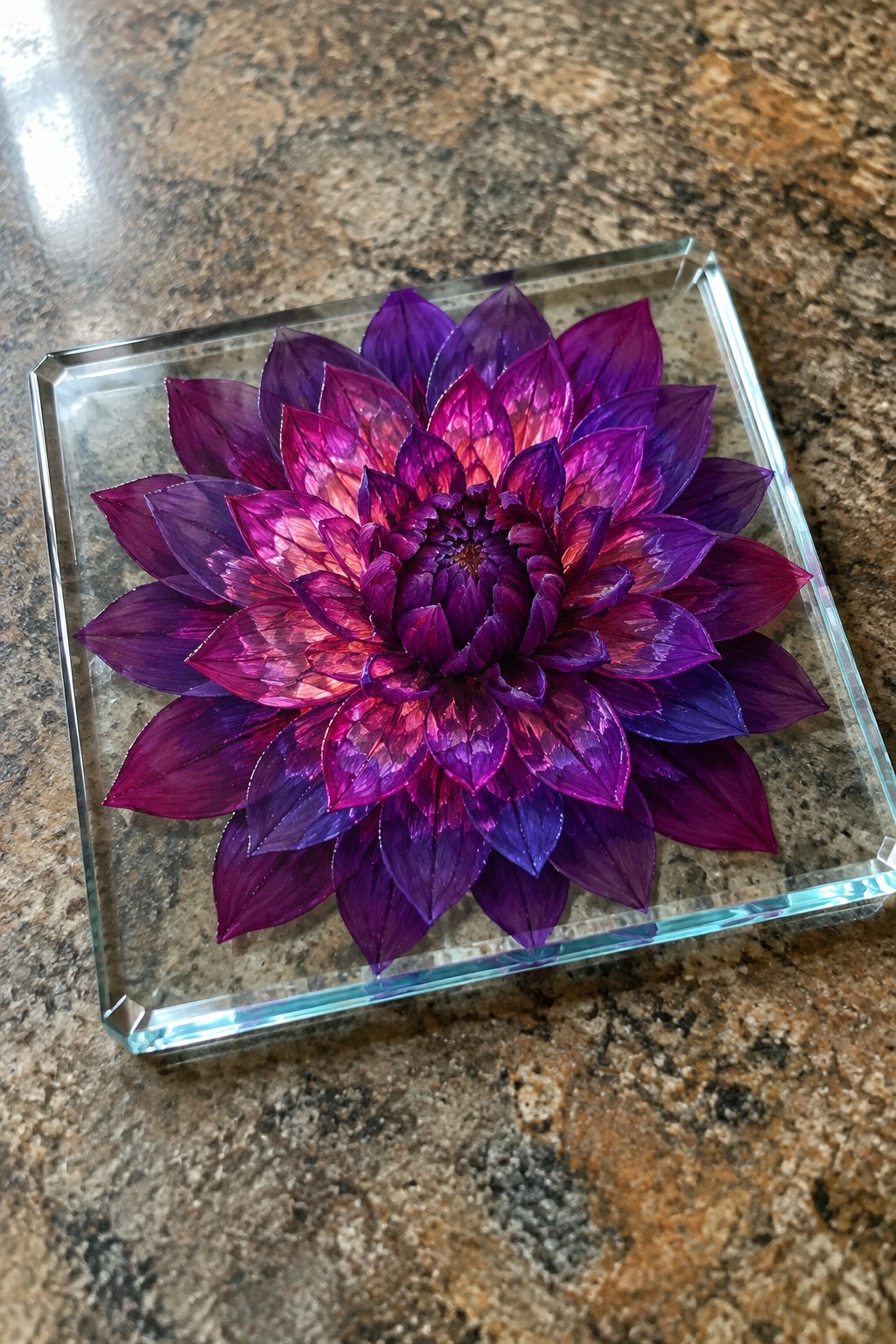 Vibrant layered purple and magenta dahlia on square glass tray over granite.