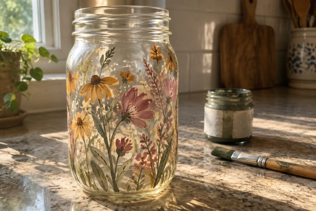 23 Rustic Floral Glass Art Ideas Featuring Painted Flower Motifs Glass jar hand-painted with pink, yellow, and white wildflowers on kitchen counter