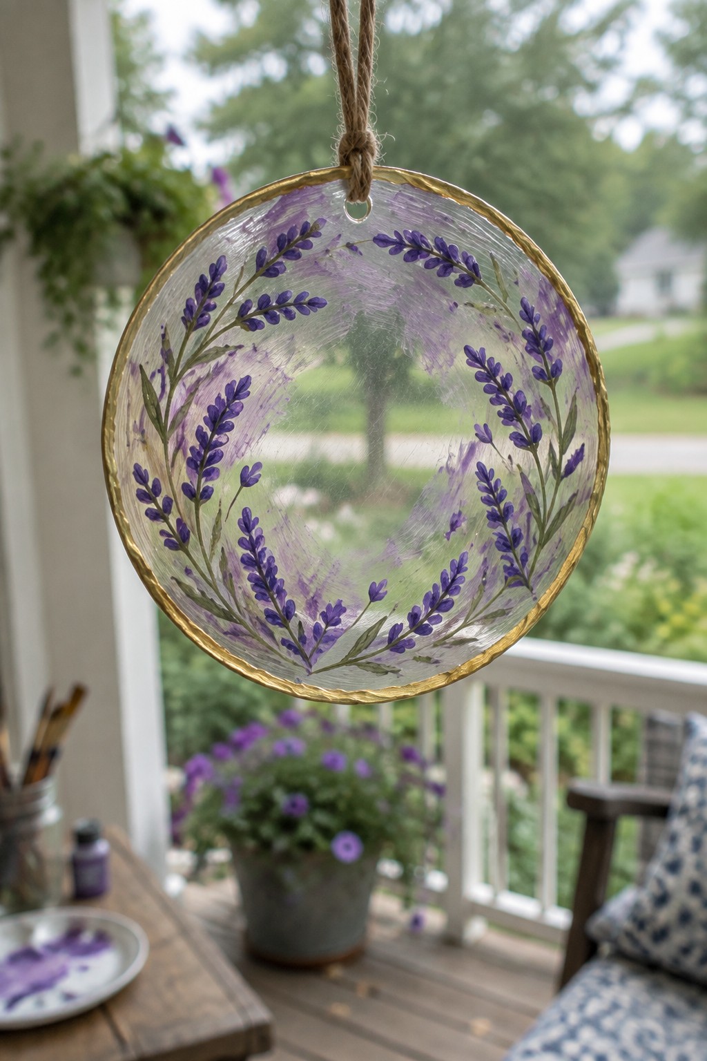 Hanging round glass ornament with purple lavender wreath and gold rim on porch