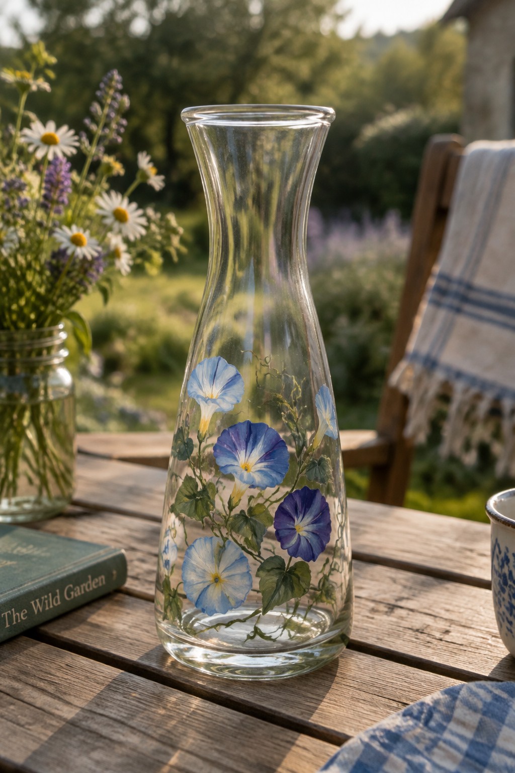 Glass vase with blue morning glories on rustic wooden garden table