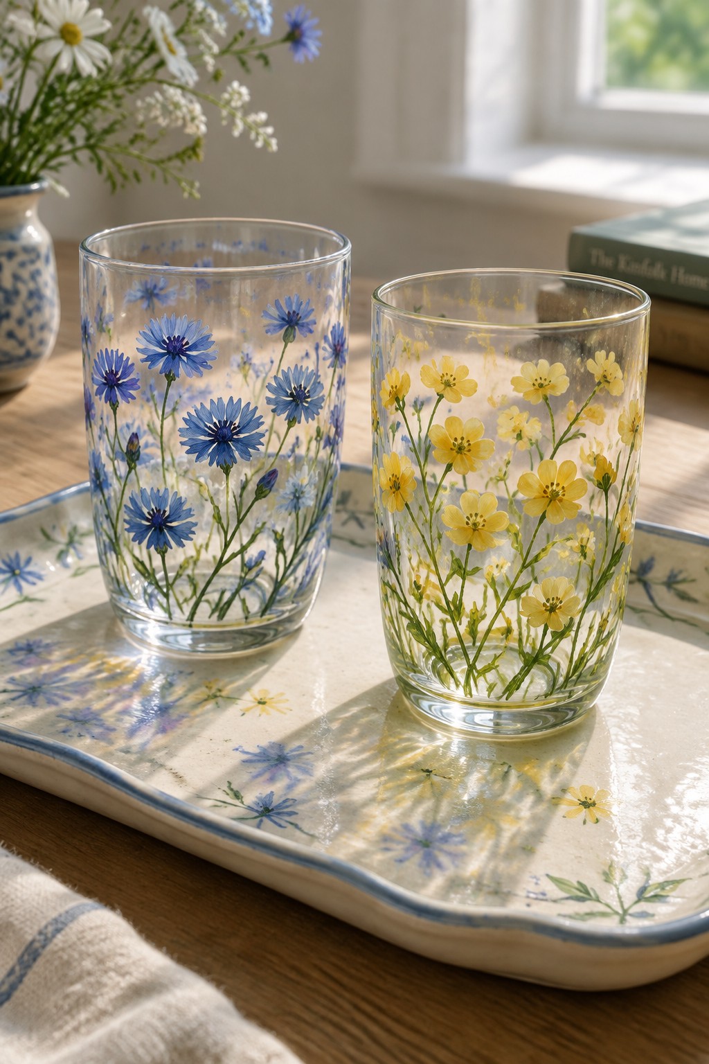 Two floral glasses with blue and yellow wildflowers on a patterned ceramic tray