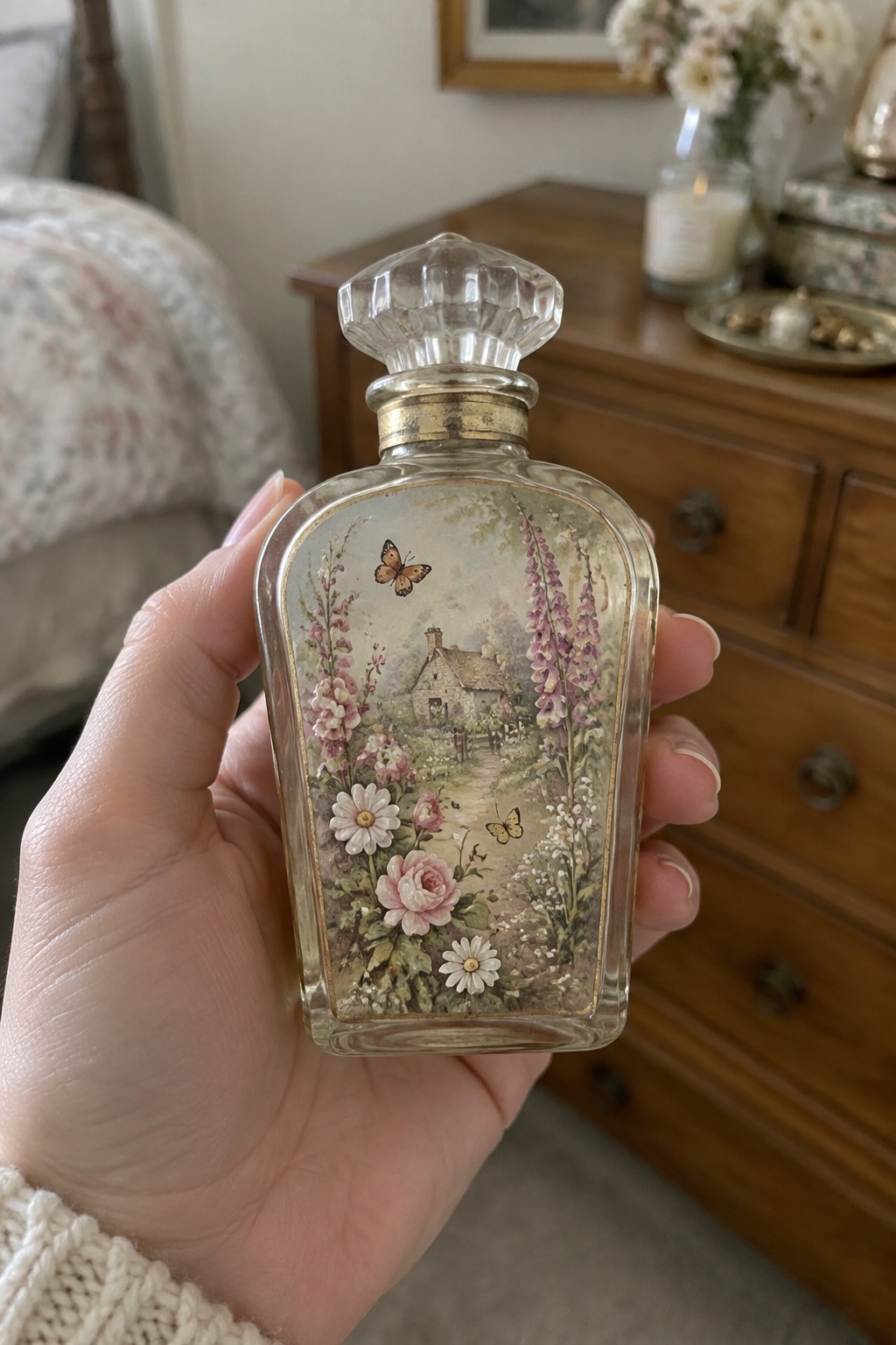 Hand holding ornate glass bottle with painted cottage, flowers, butterflies, and crystal stopper