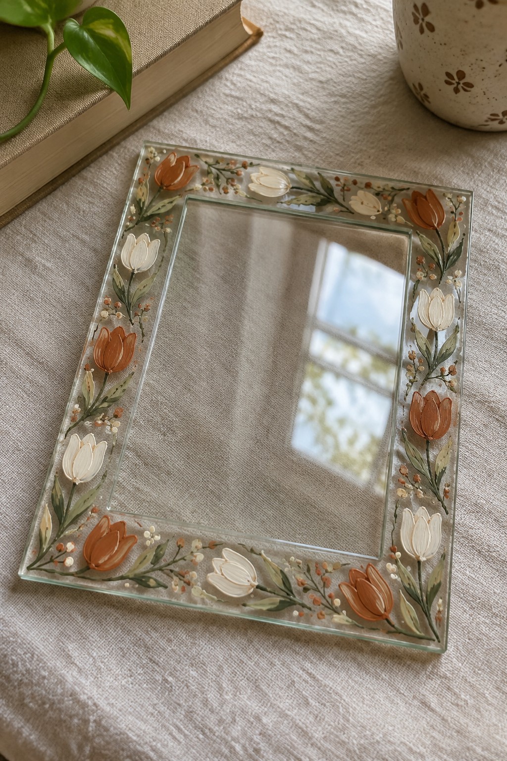 Square glass mirror with hand-painted white and orange tulip border on fabric.