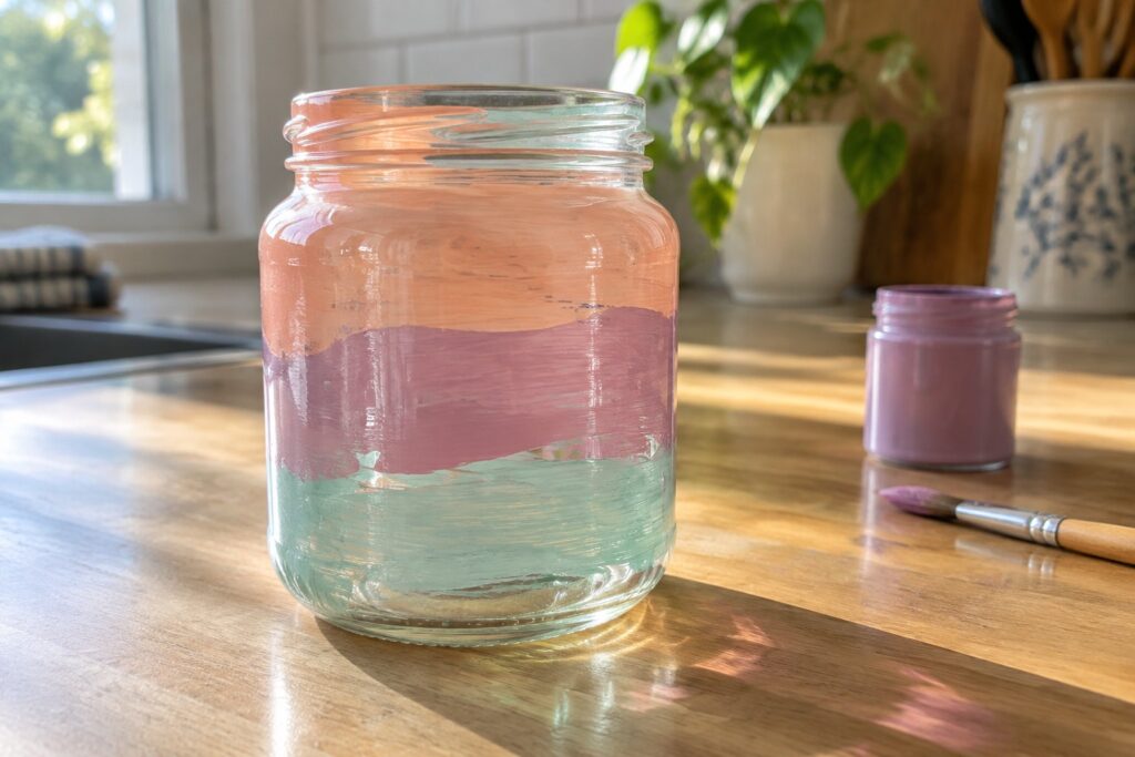 Glass jar streaked with peach, purple, and mint green paint on wooden counter