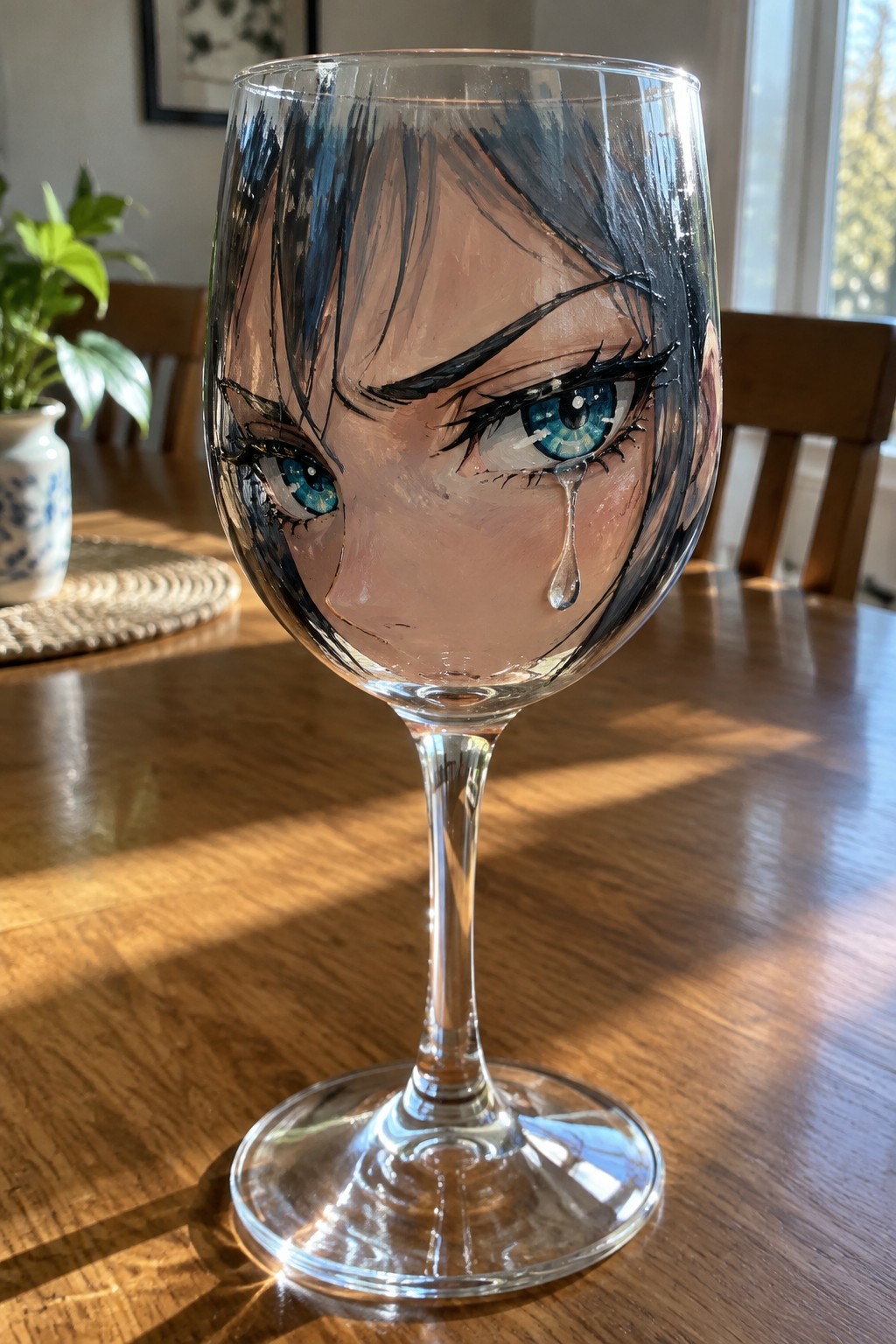 Wine glass painted with anime-style face, large blue eyes, and falling tear on wood table