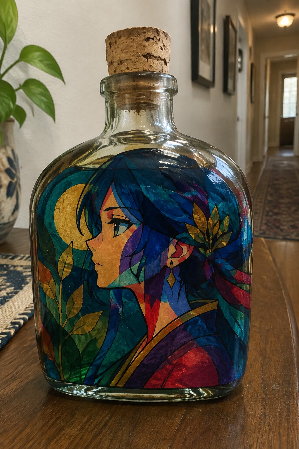 Corked glass bottle with vibrant stained-glass anime girl portrait on wood.