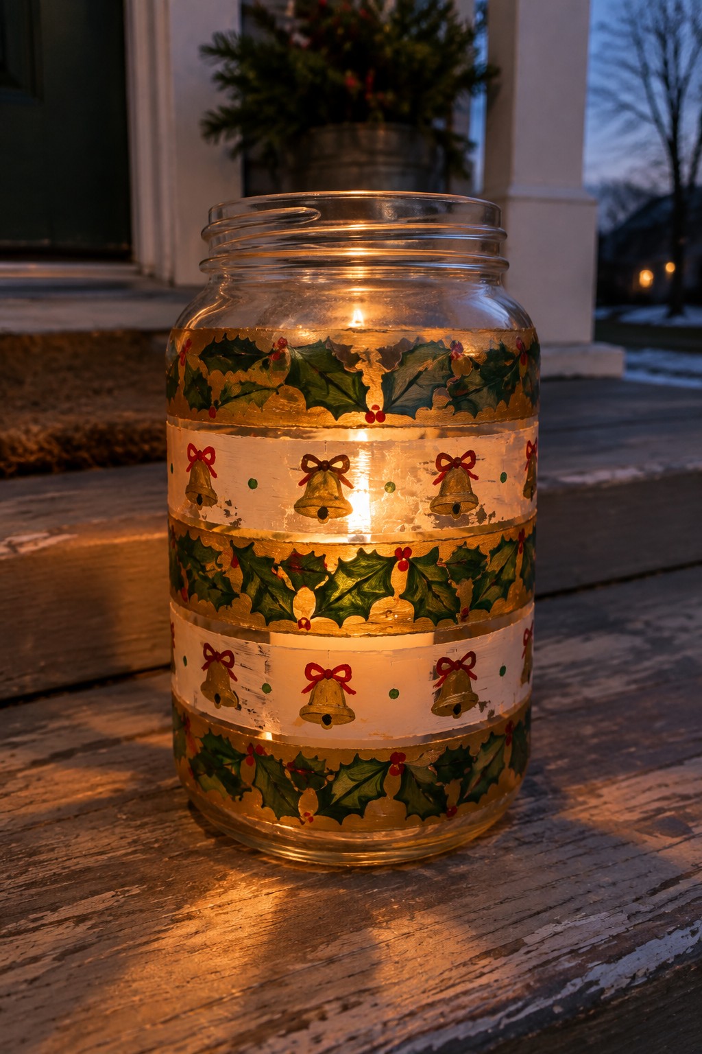 Glowing candle in glass jar with holly leaves and bell decorations on porch