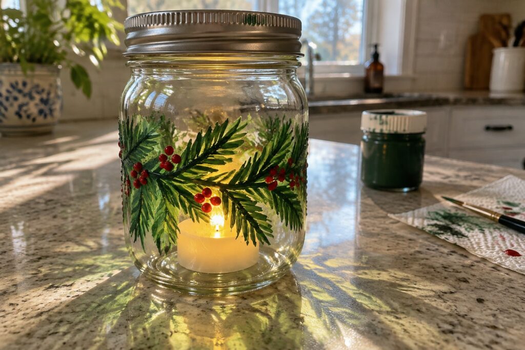 24 Charming Christmas Glass Painting Ideas for Painted Jar Lanterns Lit candle glowing inside glass mason jar hand-painted with green pine branches and red berries