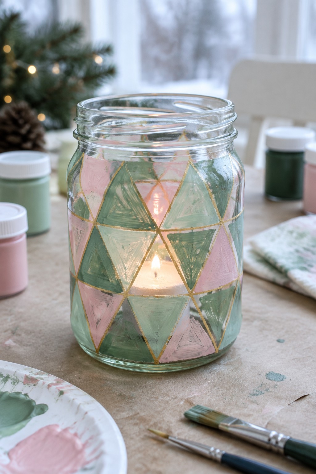 Lit candle in glass jar painted with pink green triangles and gold lines