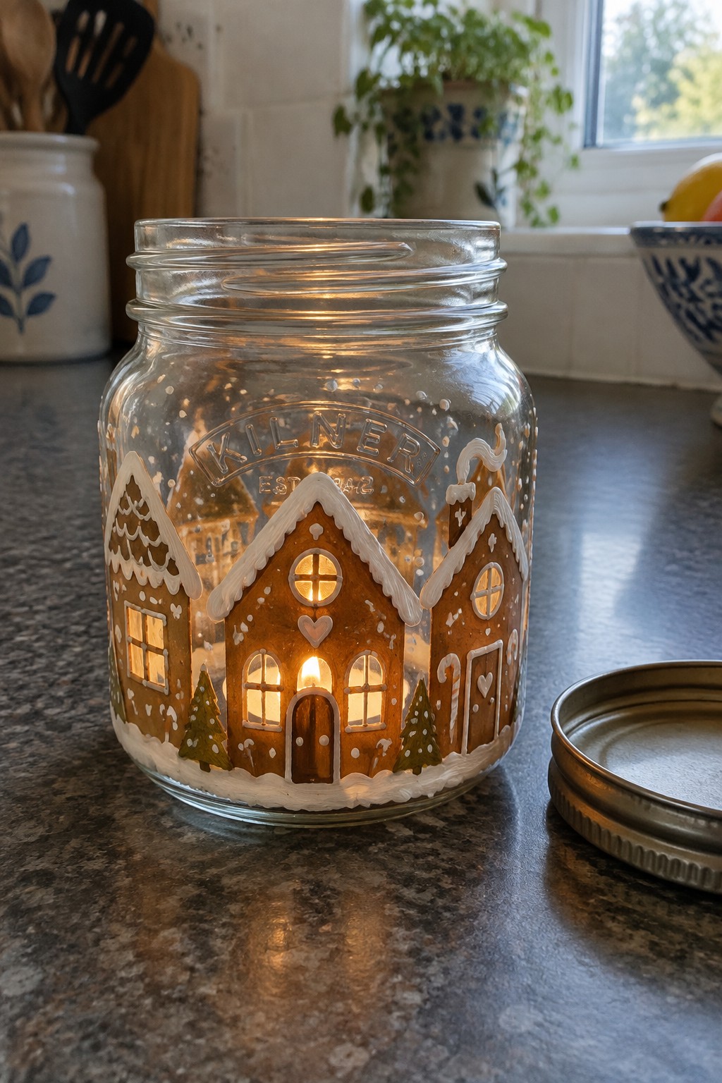 Illuminated glass jar with painted gingerbread houses, trees, and snow on countertop