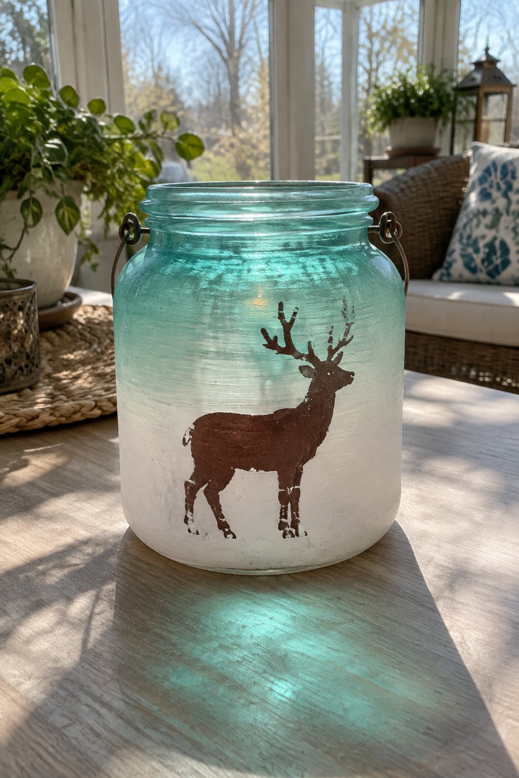 Turquoise ombre glass jar with brown deer silhouette on wooden table