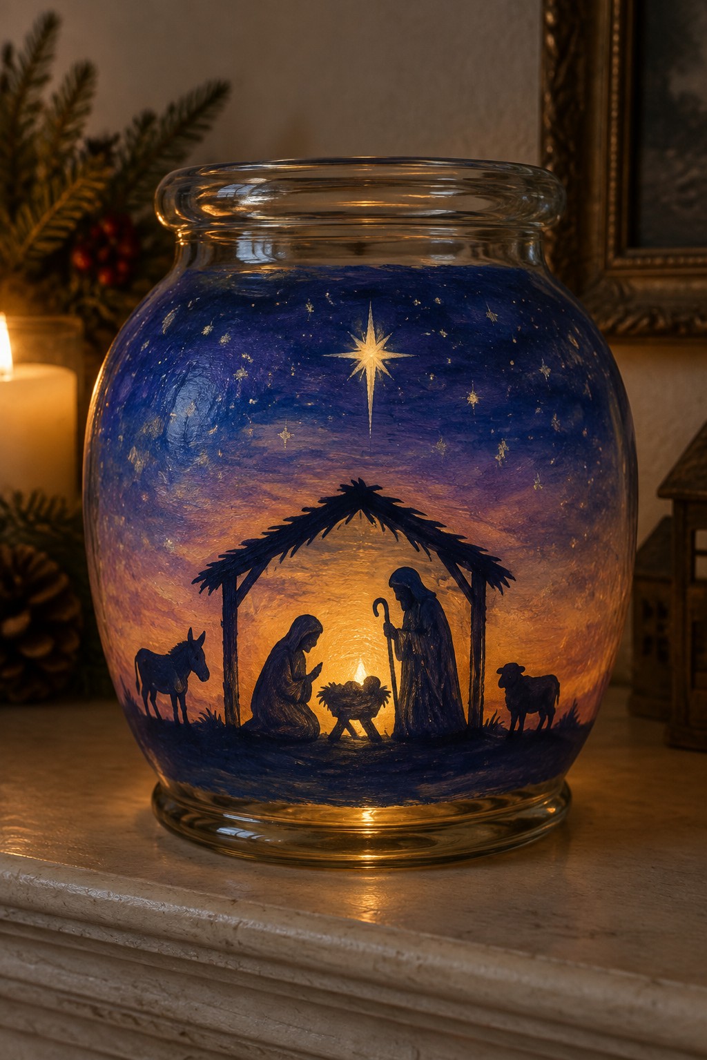 Glowing painted jar with nativity scene, star, stable, Mary, Joseph, donkey and sheep