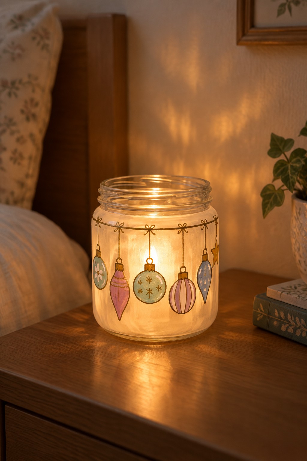 Glowing glass jar with colorful painted Christmas ornaments on wooden nightstand