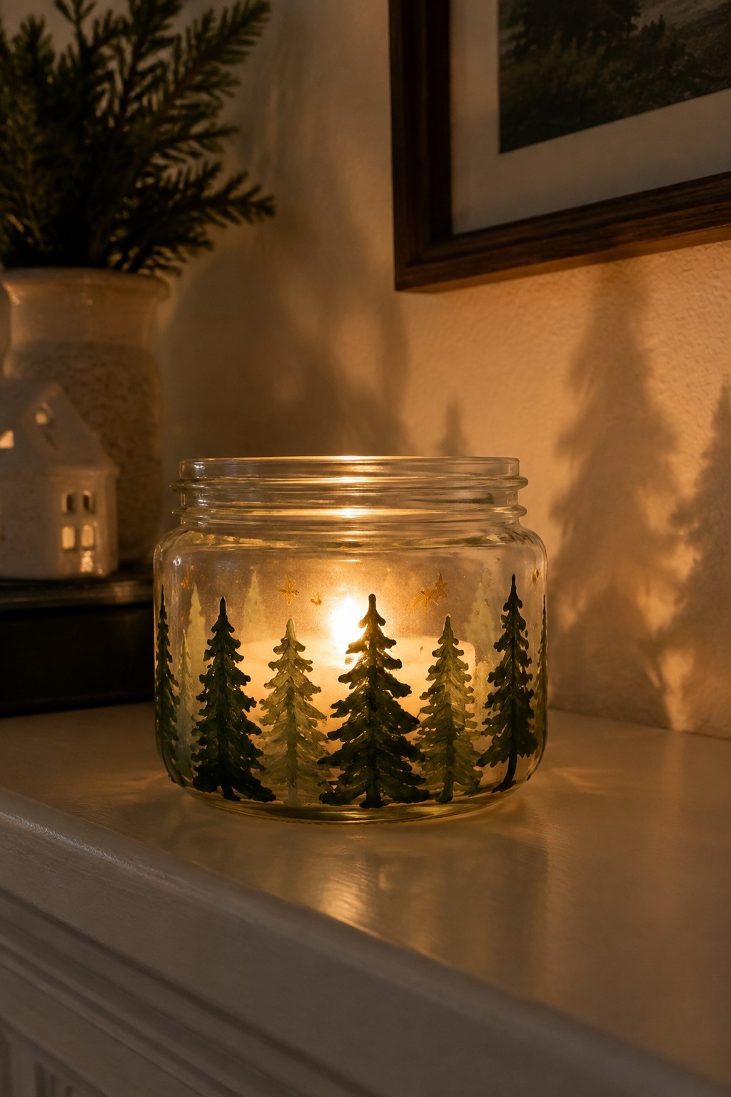 Lit candle in glass jar painted with pine trees and gold stars on mantel