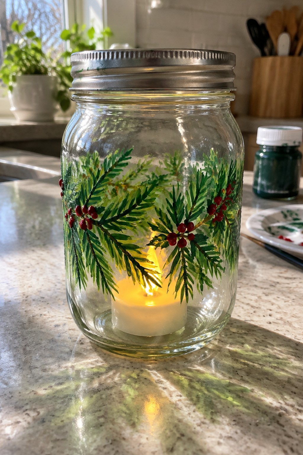 Lit candle glowing inside glass mason jar hand-painted with green pine branches and red berries