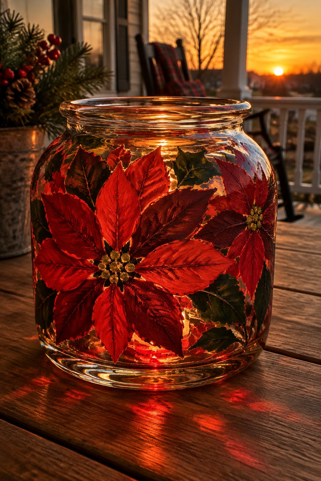 Illuminated glass jar painted with red poinsettias glowing on wooden porch at sunset