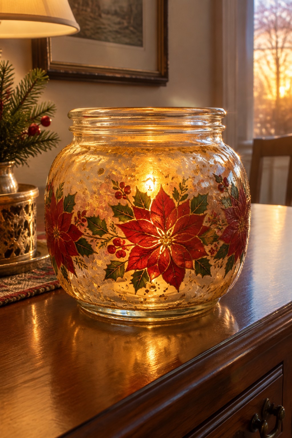 Glowing glass jar with red poinsettia design on polished wooden table