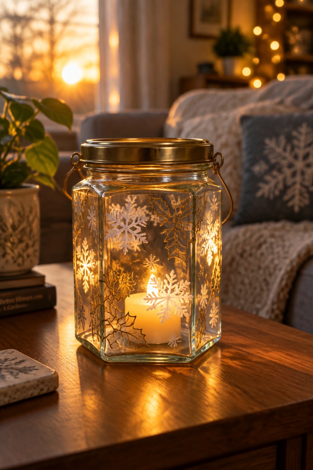 Lit candle in snowflake-etched glass lantern on wooden table in cozy room