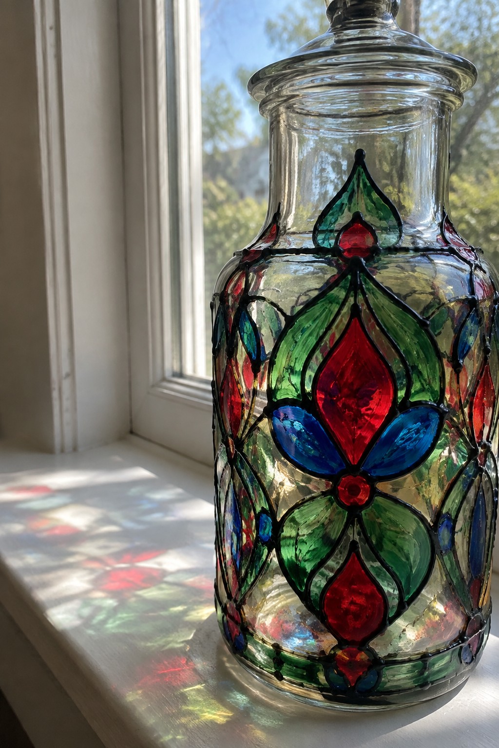 Stained glass jar with red green blue patterns on sunlit windowsill