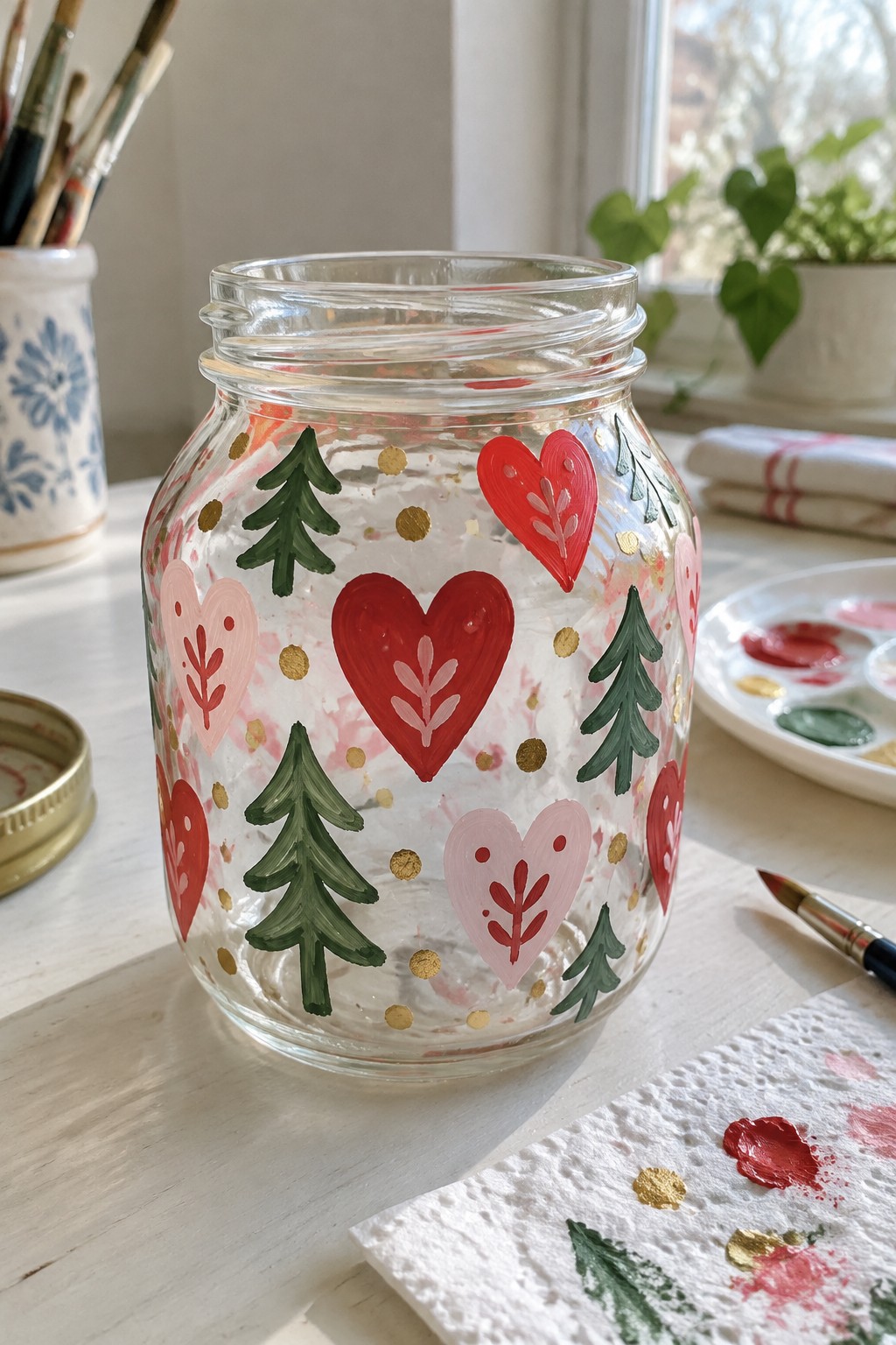 Glass jar hand-painted with green trees, red hearts, pink accents, and gold dots