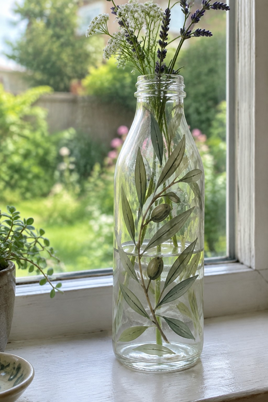 Glass bottle painted with green leaves holding lavender and white flowers on windowsill
