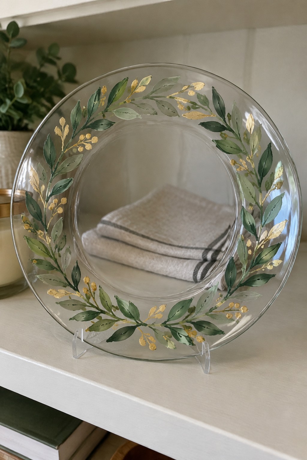 Glass plate with green leaf wreath and gold accents on white shelf