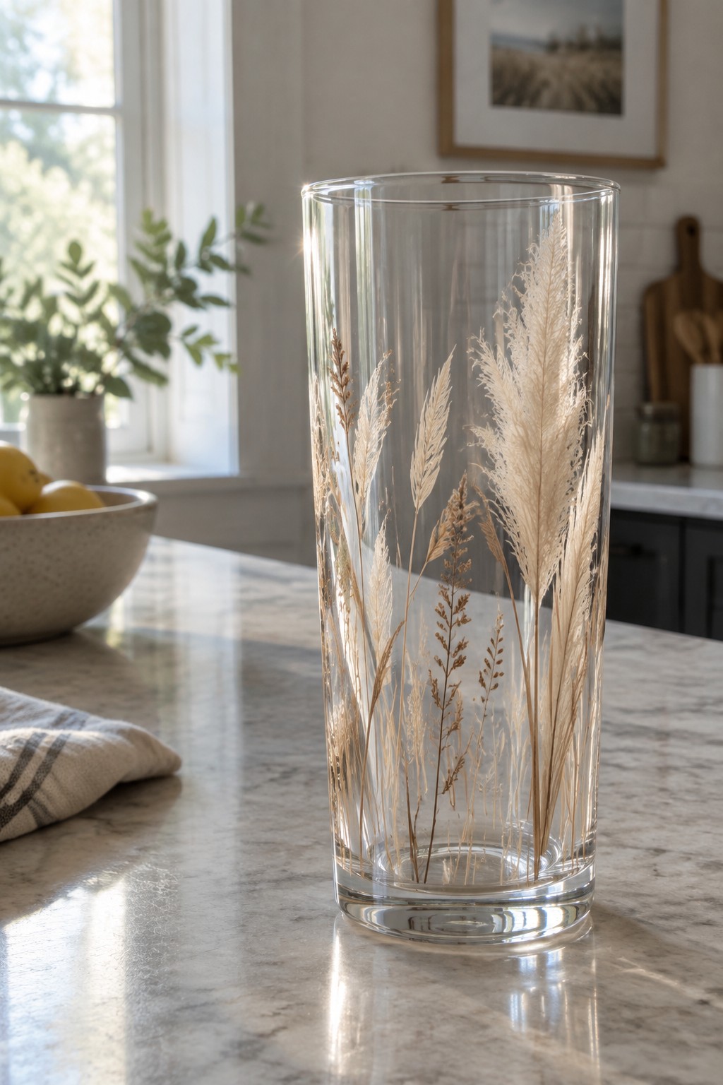 Tall glass vase with dried pampas grass on marble kitchen countertop