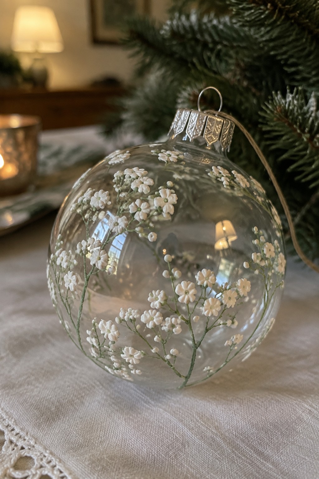 Clear glass Christmas ornament with white baby's breath flowers near frosted tree