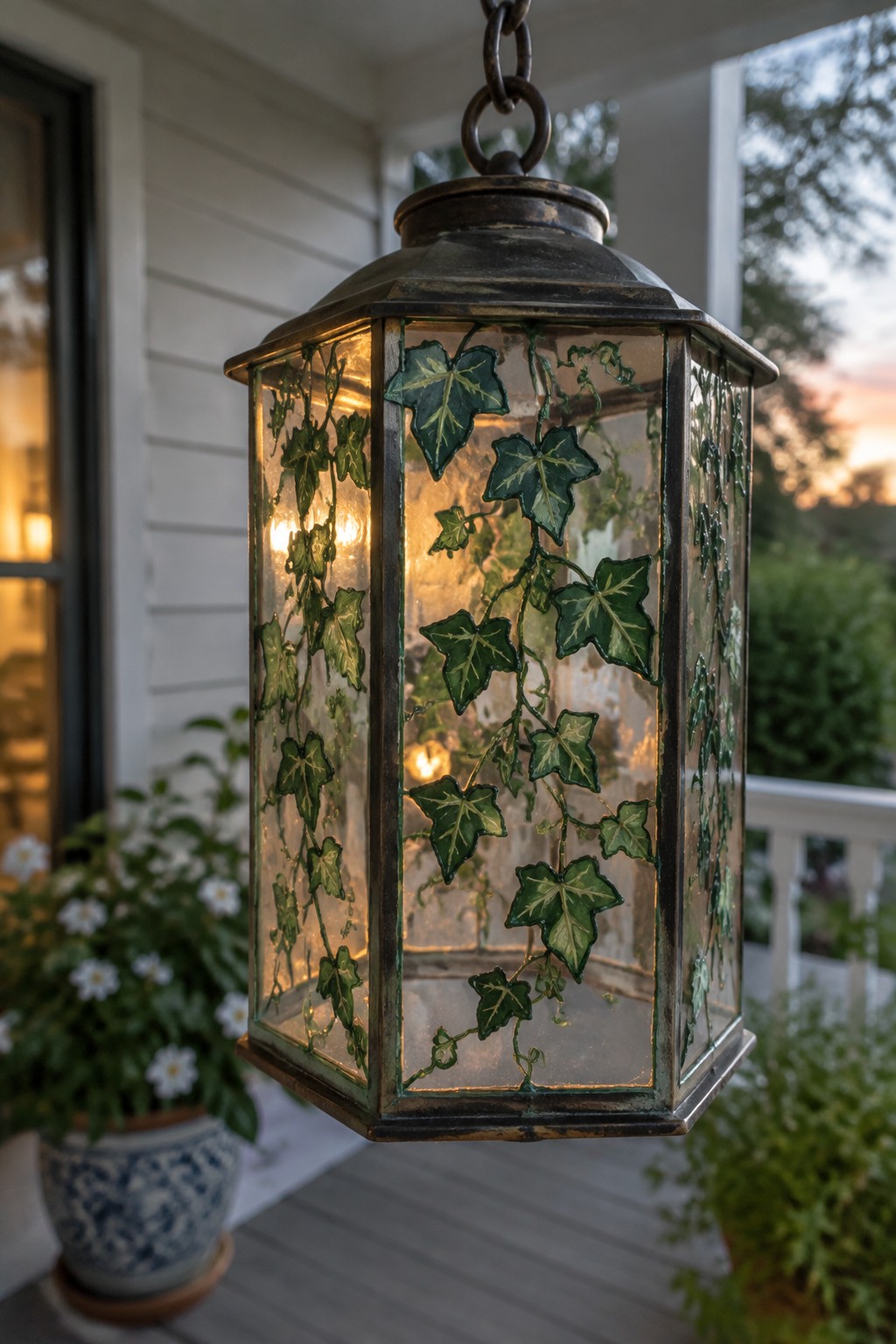 Ornate lantern with green ivy vines glowing warmly on a porch at dusk