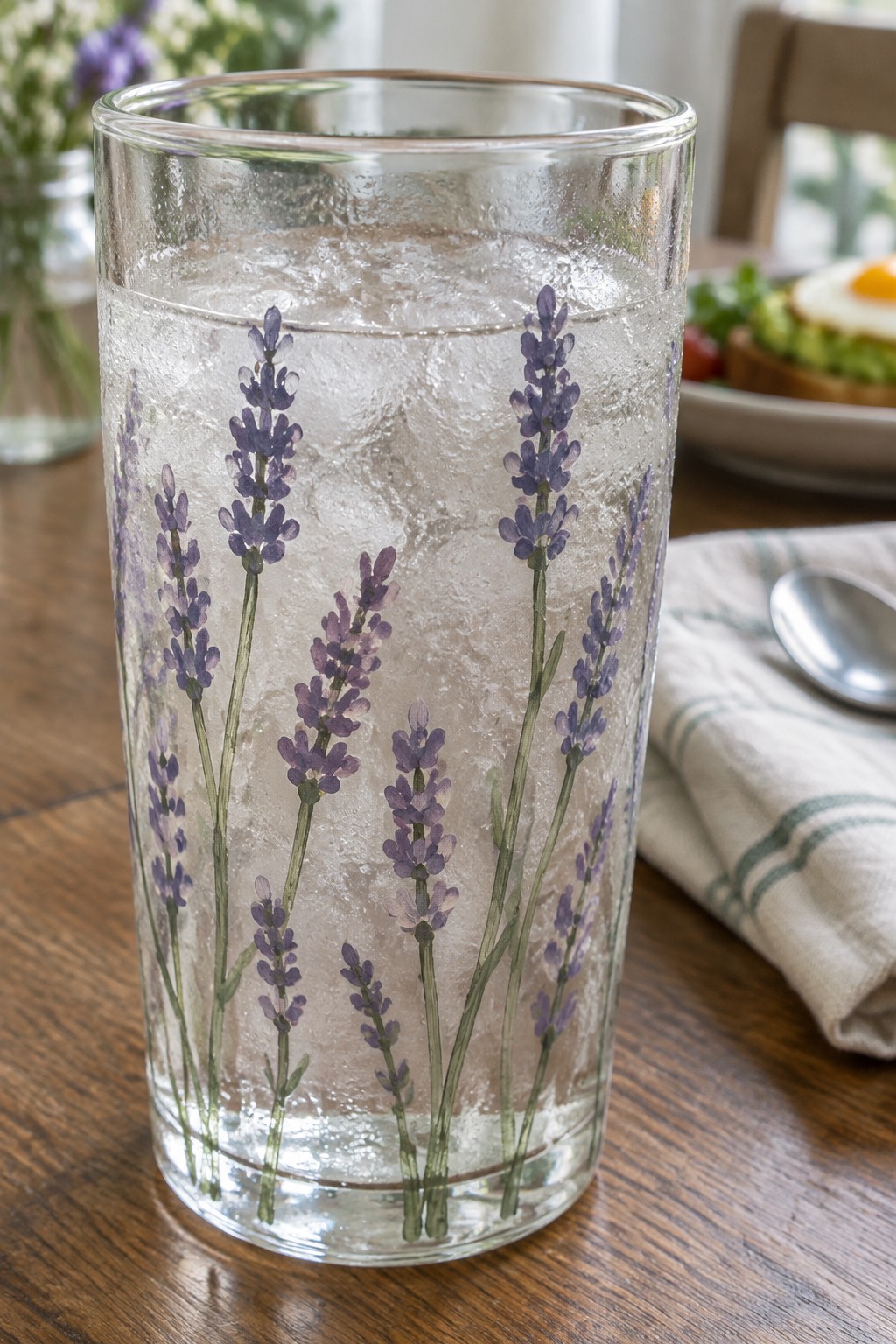 Glass of iced water with purple lavender floral design and condensation