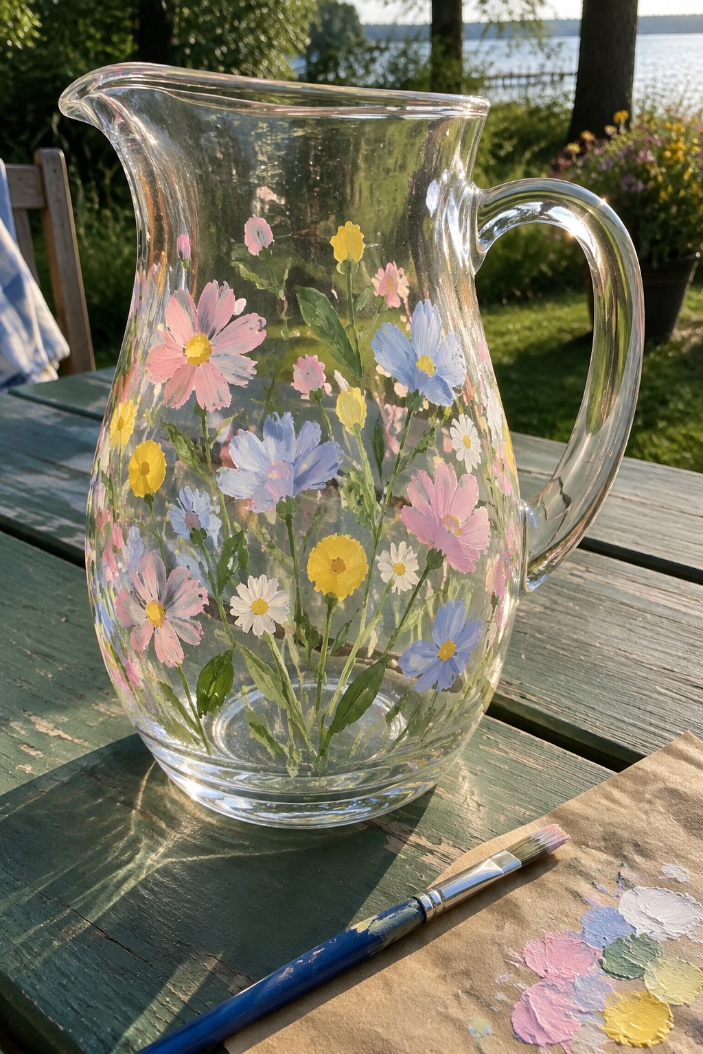 Glass pitcher hand-painted with pink, blue, and yellow flowers on wooden table