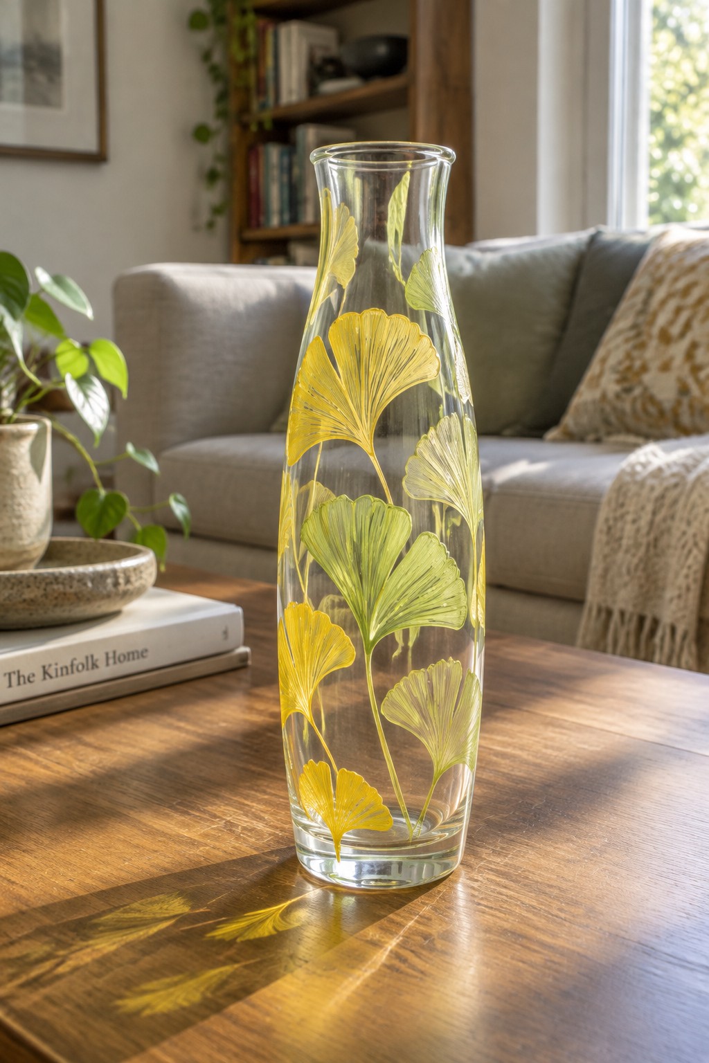 Tall glass vase with yellow ginkgo leaves on sunlit wooden table