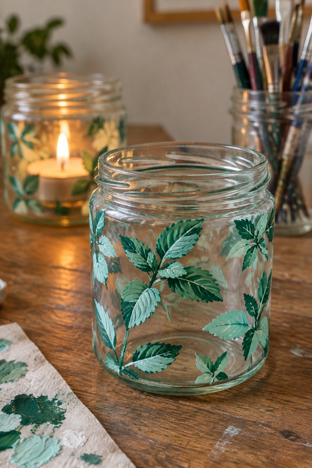 Glass jars with green leaf paintings on wooden table, one holding lit candle and brushes
