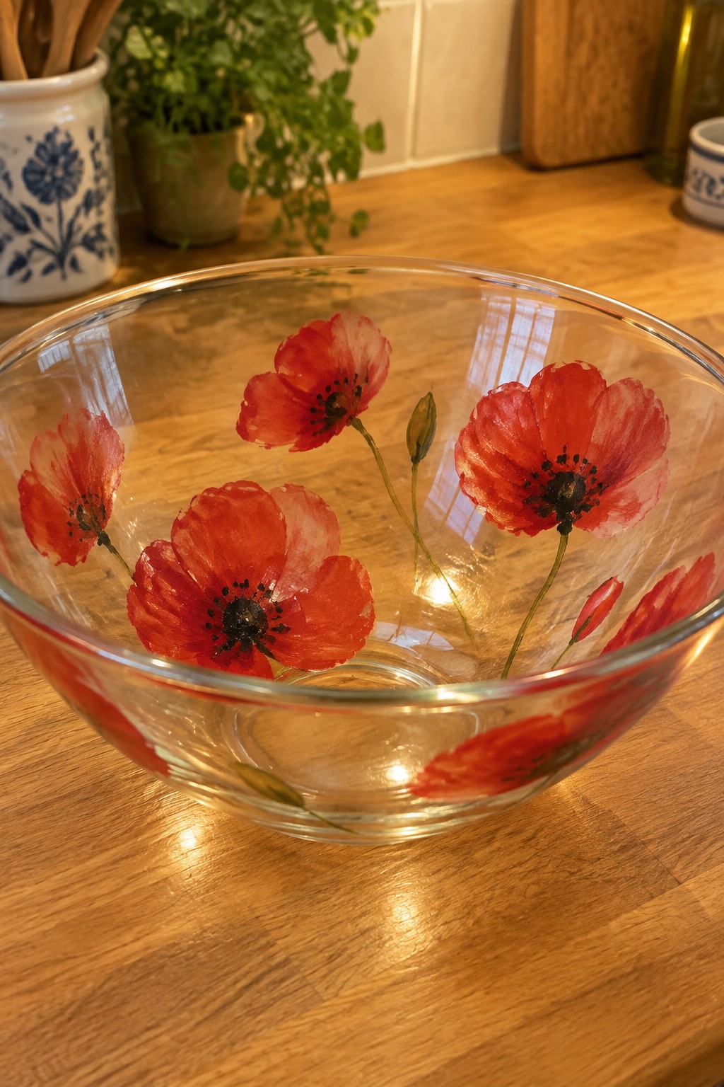 Clear glass bowl with painted red poppies on wooden kitchen counter