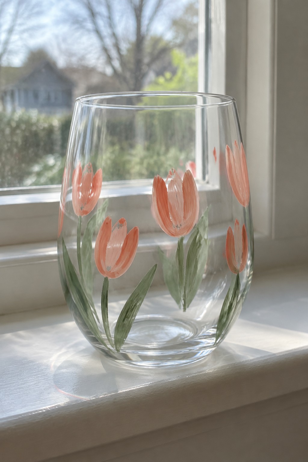Glass tumbler hand-painted with peach tulips and green leaves on windowsill