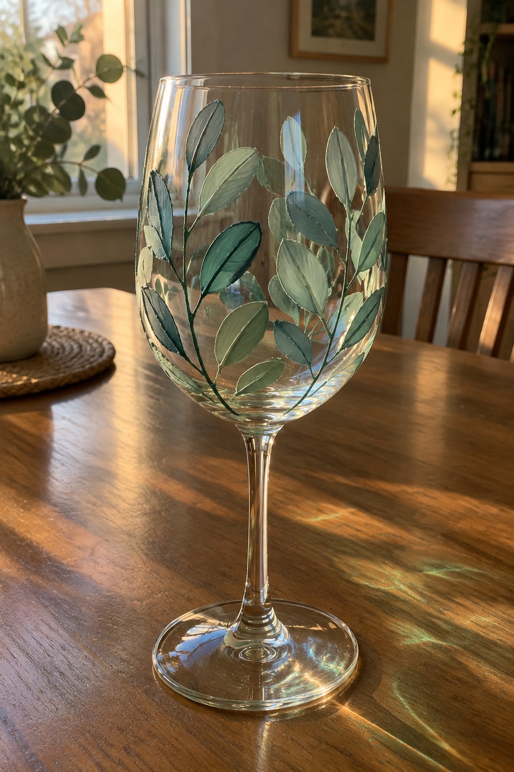 Clear wine glass with painted green leaves on sunlit wooden table