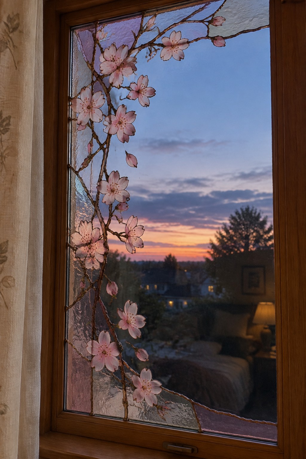 Stained glass pink cherry blossoms on wooden window overlooking sunset houses and bedroom