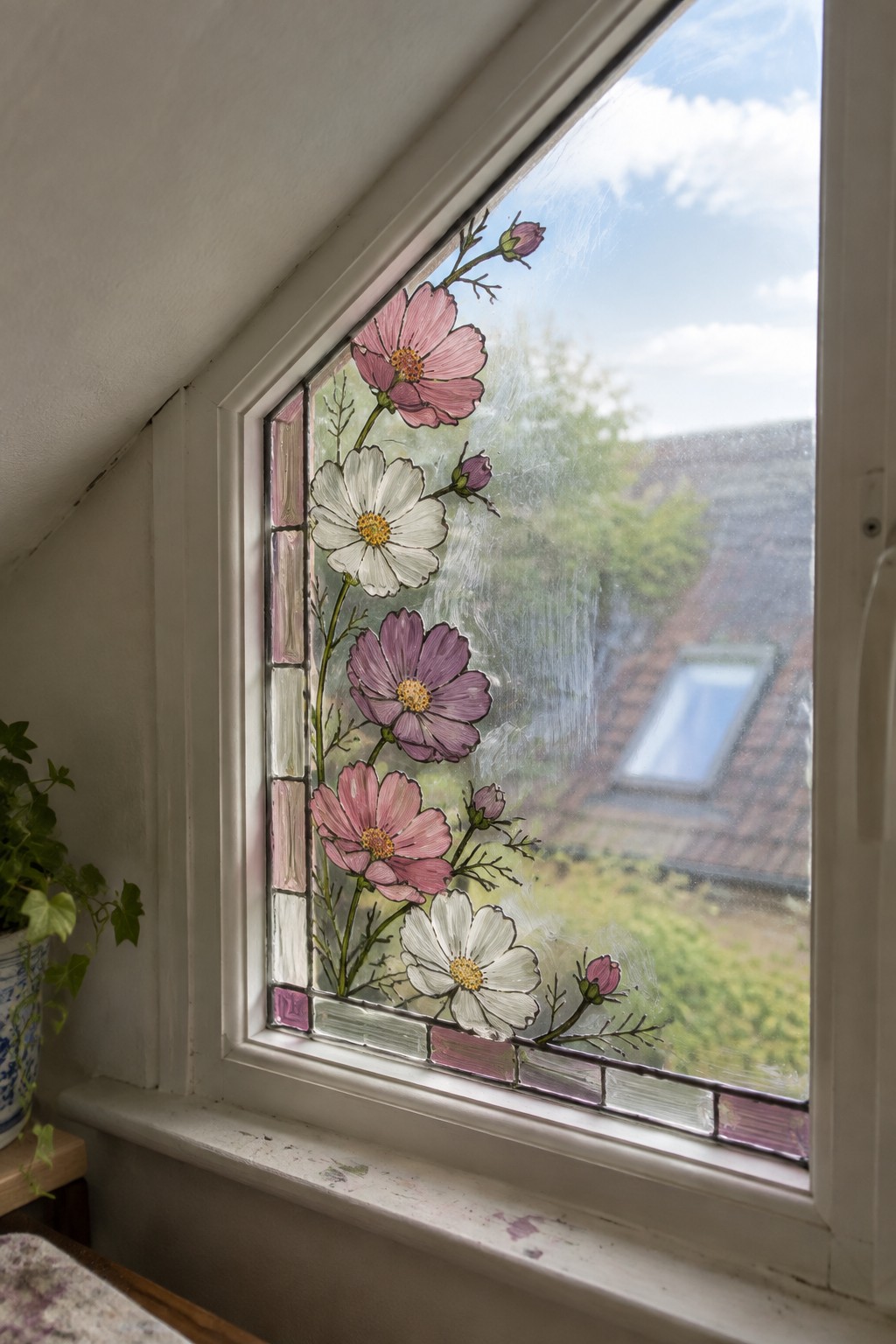 Stained glass window with pink, white, and purple cosmos flowers