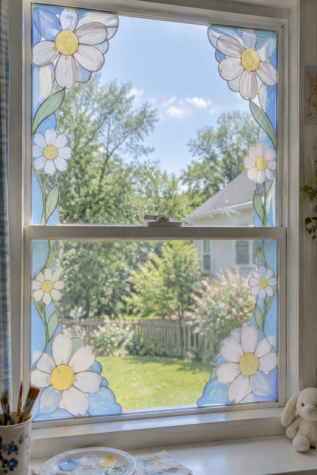 Daisy paintings frame window view of sunny backyard with paints and bunny on sill
