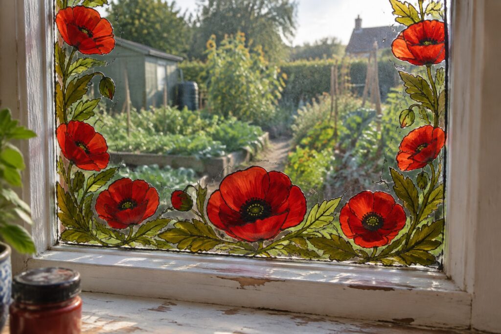 24 Elegant Flower Stained Glass Designs for Decorative Windows Stained glass red poppies frame a sunny garden through a white window
