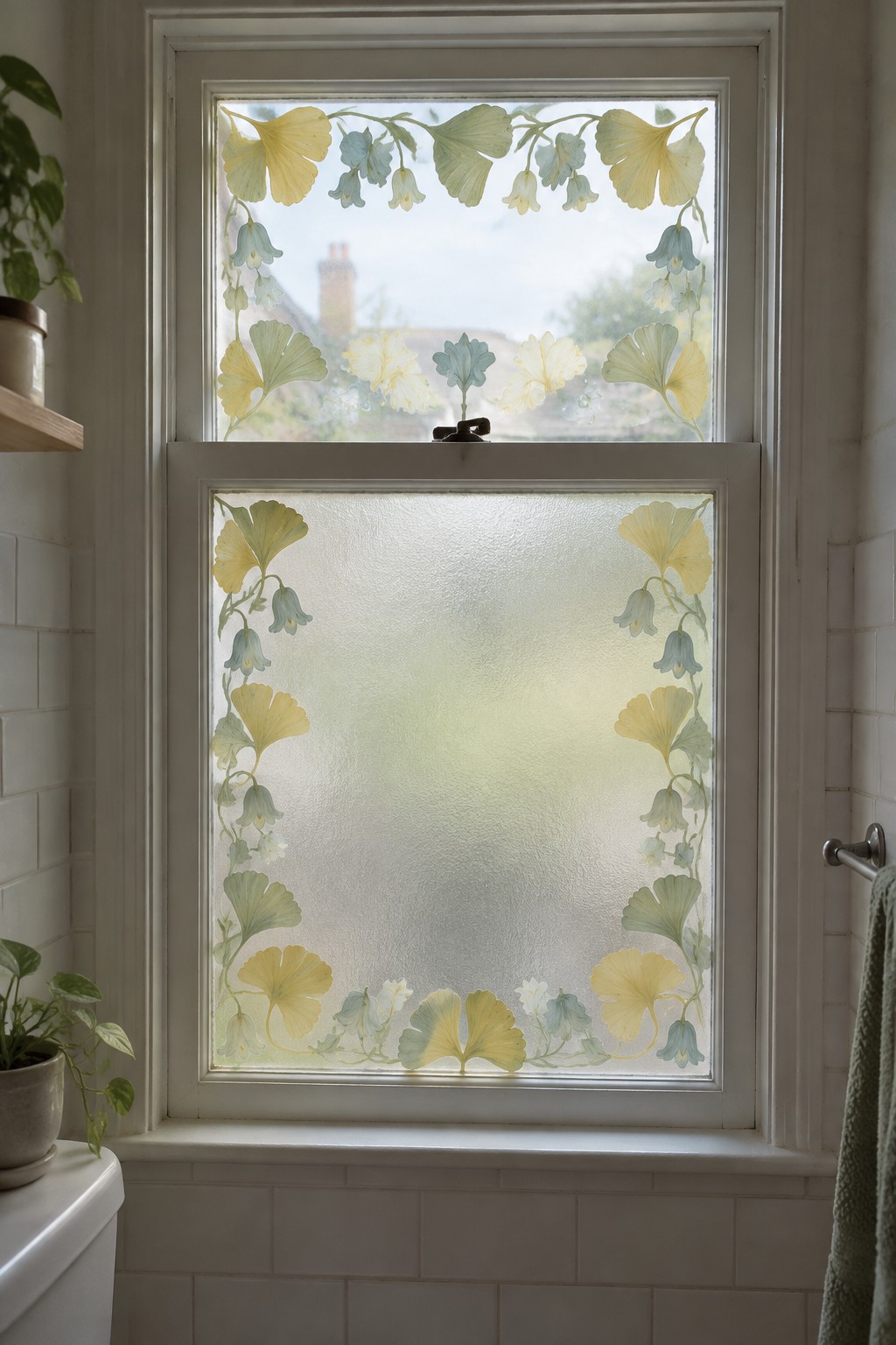 Frosted bathroom window with yellow ginkgo leaves and bluebell border design