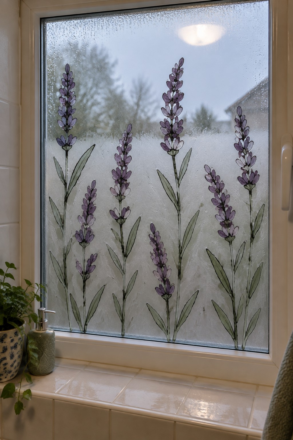 Purple lavender decals on condensed window above tiled sill with plant and soap
