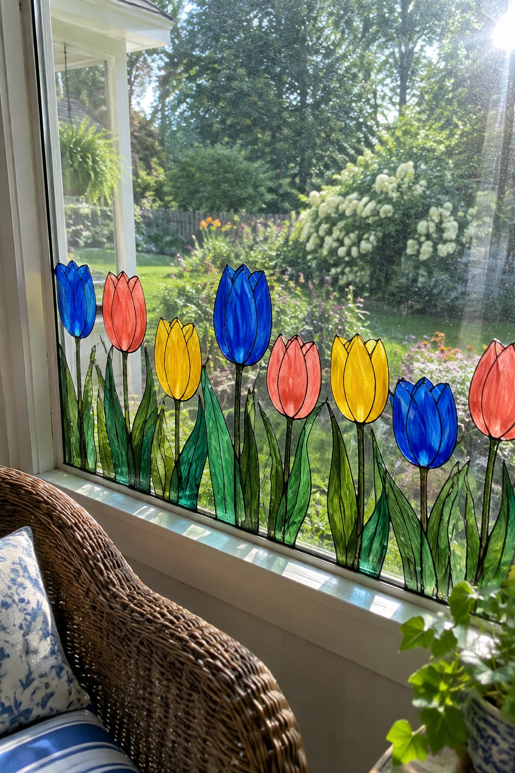 Colorful stained-glass tulips on window above wicker chair with sunny garden view