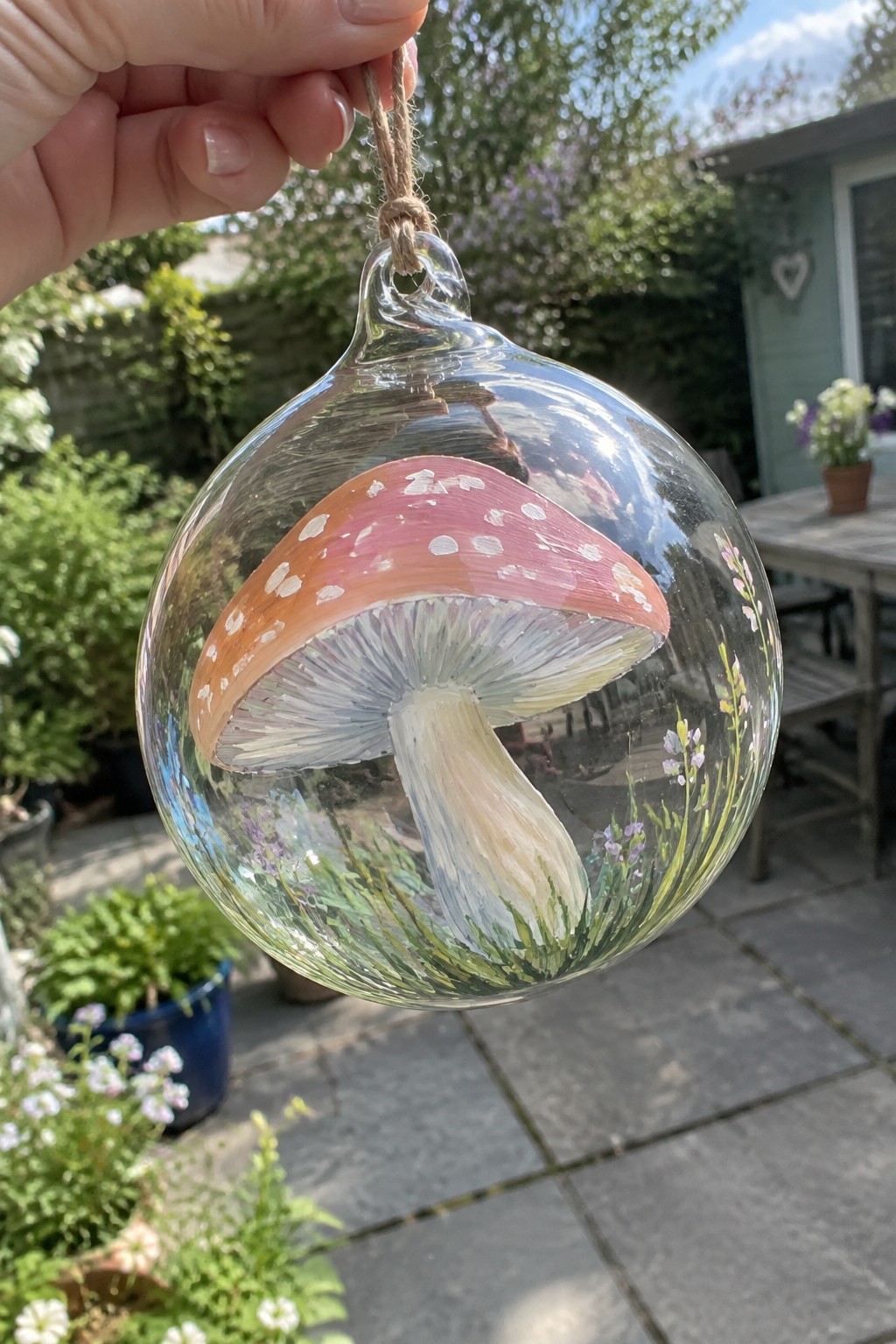 Hand holding glass orb painted with red-capped mushroom, white spots and flowers.