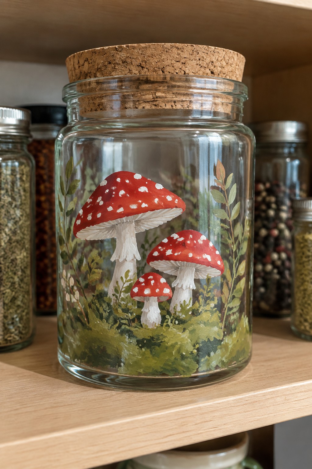 Corked glass jar with hand-painted red mushrooms, white spots, and green foliage on shelf.