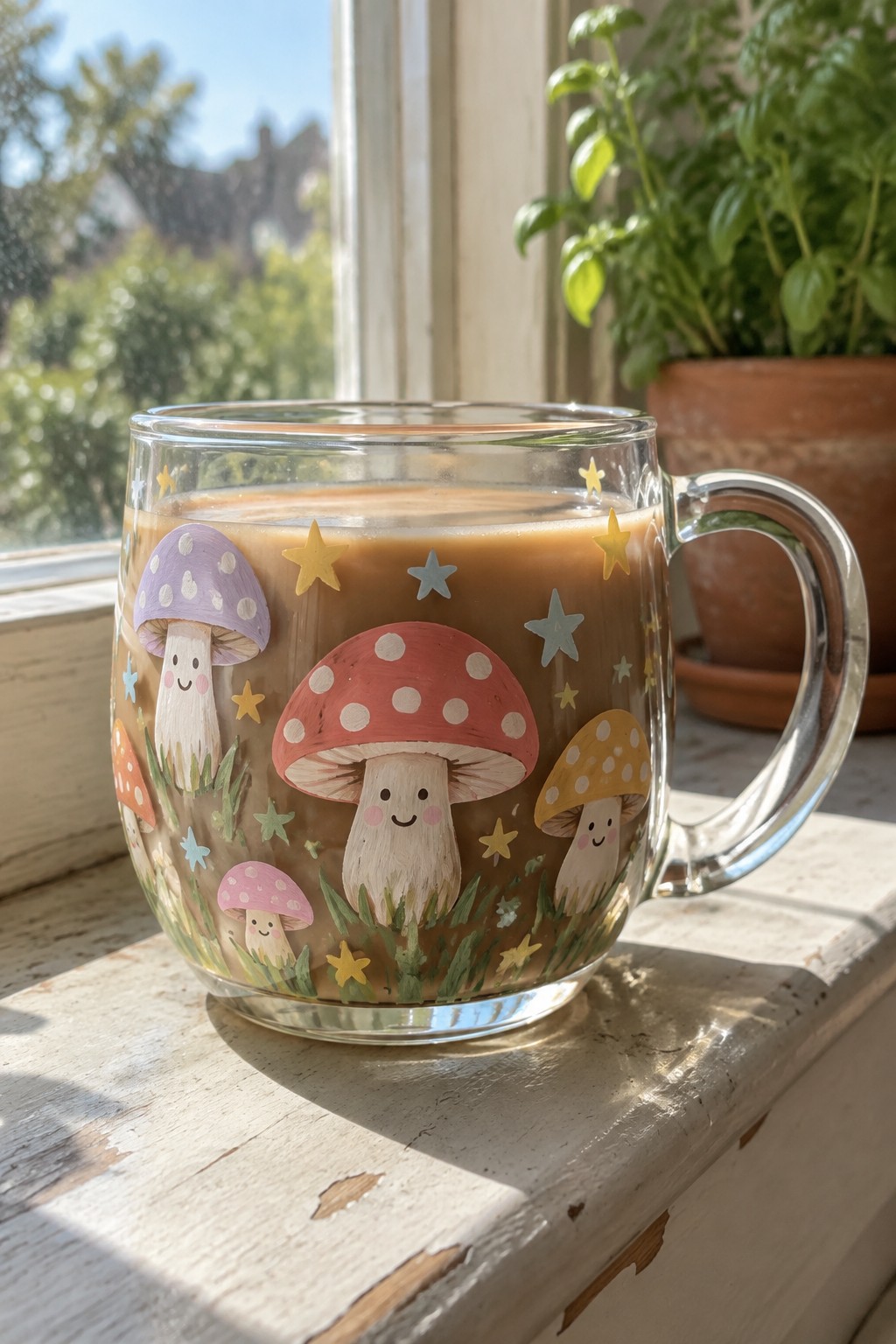 A clear glass mug with a handle painted with cartoon mushrooms and stars, filled with coffee on a windowsill.